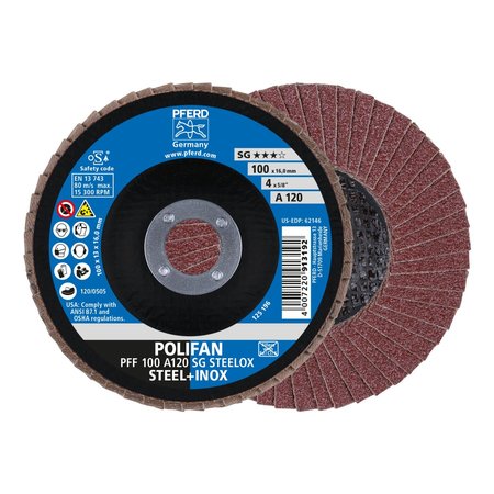 Pferd 4 x 5/8" A.H. POLIFAN® Flap Disc - A SG STEELOX, Aluminum oxide, 120 Grit, Flat 62146